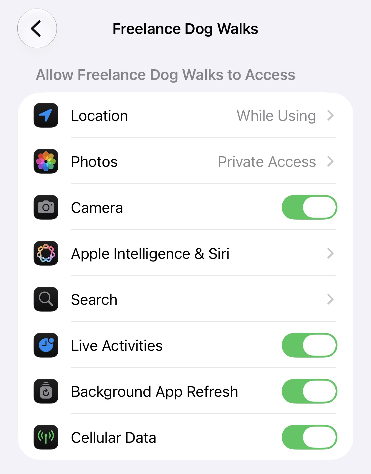 The iOS Settings screen for Freelance Dog Walks, showing the Location, Photos, Camera, Live Activities and Background App Refresh permissions.