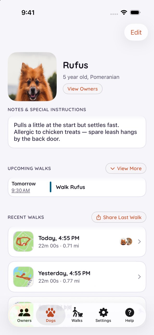 Rufus's page: his photo, age and breed, the notes card, an upcoming walk, and recent walks.