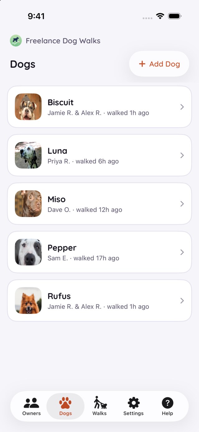 The Dogs tab with the + Add Dog button, and the roster below it — each dog with their photo and their owner's name.