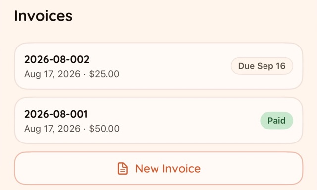 An owner's invoices: one due Sep 16, one stamped Paid, and a New Invoice button.