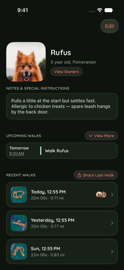 Rufus's page in the Meadow theme, dark appearance.