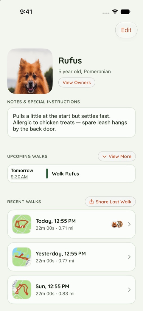 Rufus's page in the Meadow theme, light appearance.