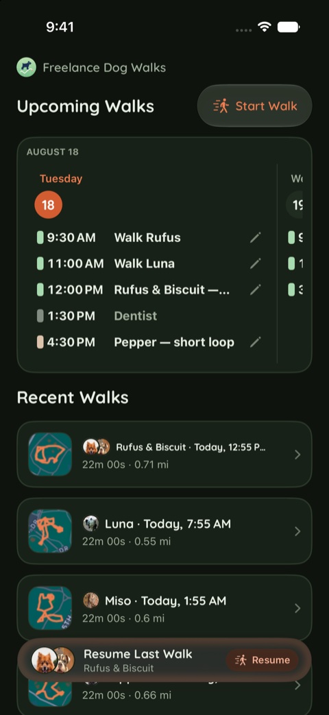 The Walks tab in the Meadow theme, dark appearance.
