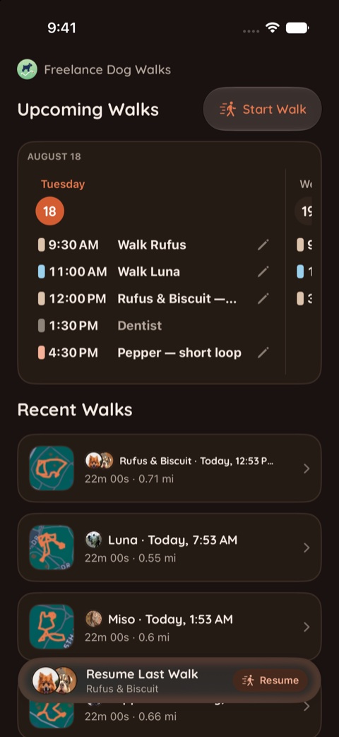 The Walks tab in the Warm theme, dark appearance.