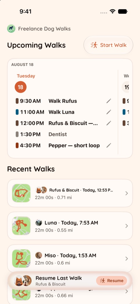 The Walks tab in the Warm theme, light appearance.