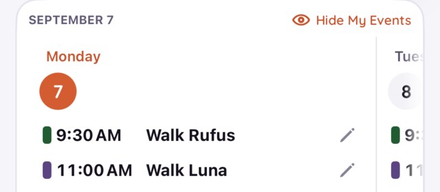 The Upcoming Walks card with an eye icon reading Hide My Events.