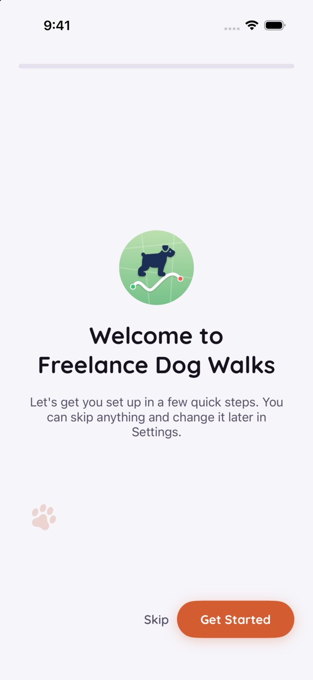 The welcome screen: the app icon, 'Welcome to Freelance Dog Walks', a note that every step can be skipped and changed later in Settings, and Skip and Get Started buttons.