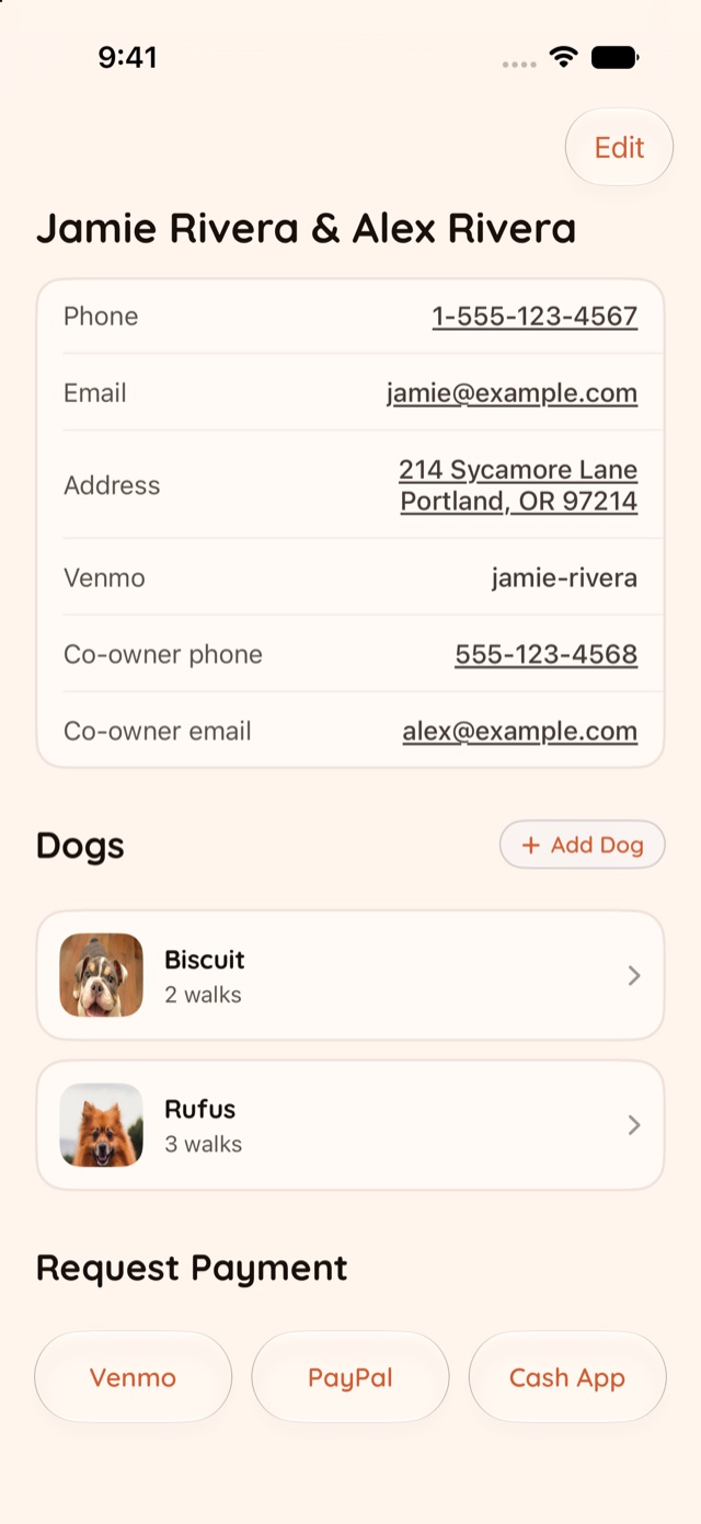 The same owner's page with invoicing off: contact details and dogs, then straight to the Request Payment buttons — no Invoices section.