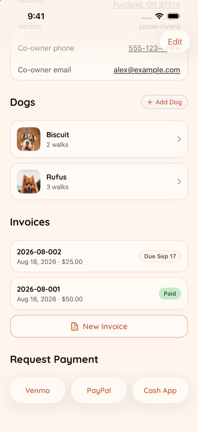 The end of an owner's page with invoicing on: the Invoices section with New Invoice, then Request Payment with Venmo, PayPal and Cash App buttons.
