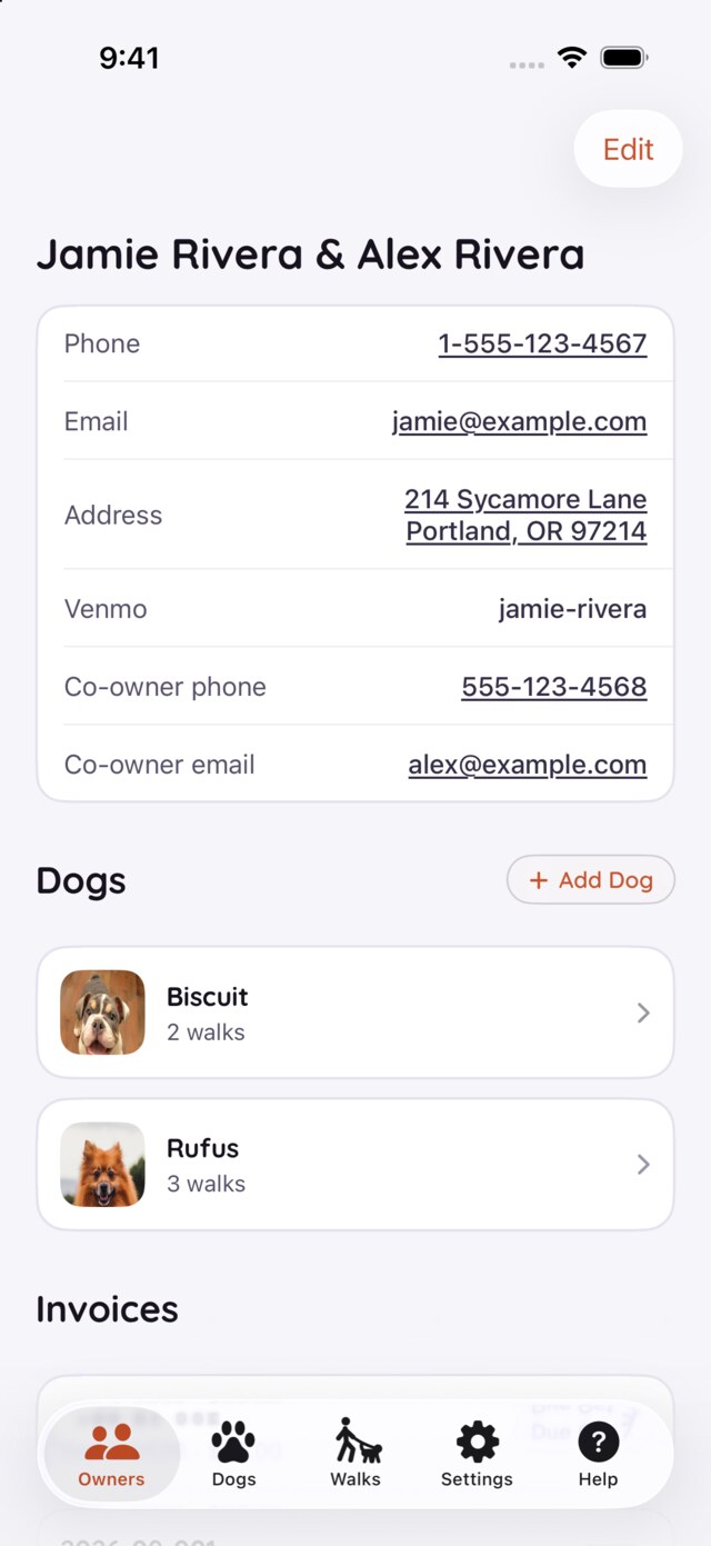 An owner's page: co-owner contact rows, the Dogs section with Add Dog, and recent walks.