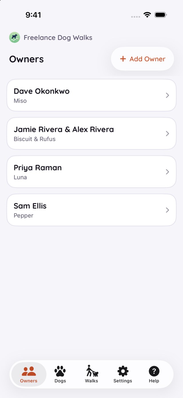 The Owners tab: each household on its own card — Dave Okonkwo with Miso, Jamie Rivera and Alex Rivera sharing Biscuit and Rufus.