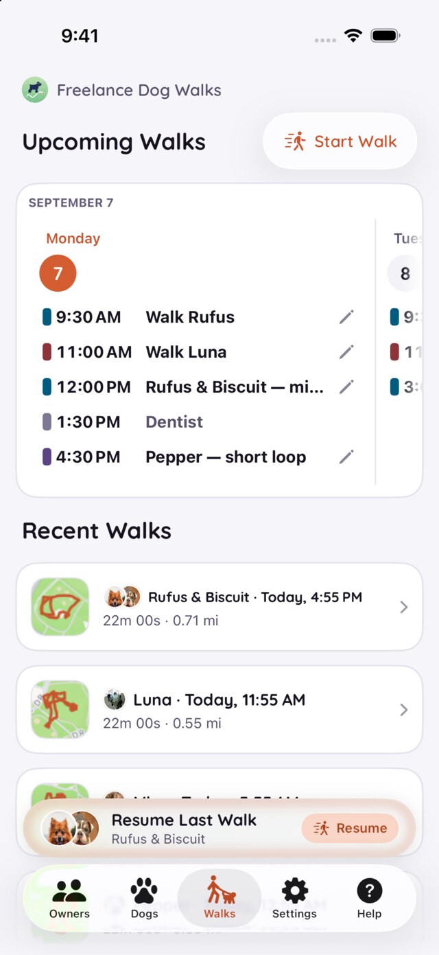 The Upcoming Walks card: Tuesday's bookings, each row with its tinted bar and a pencil, and Hide My Events in the card's corner.