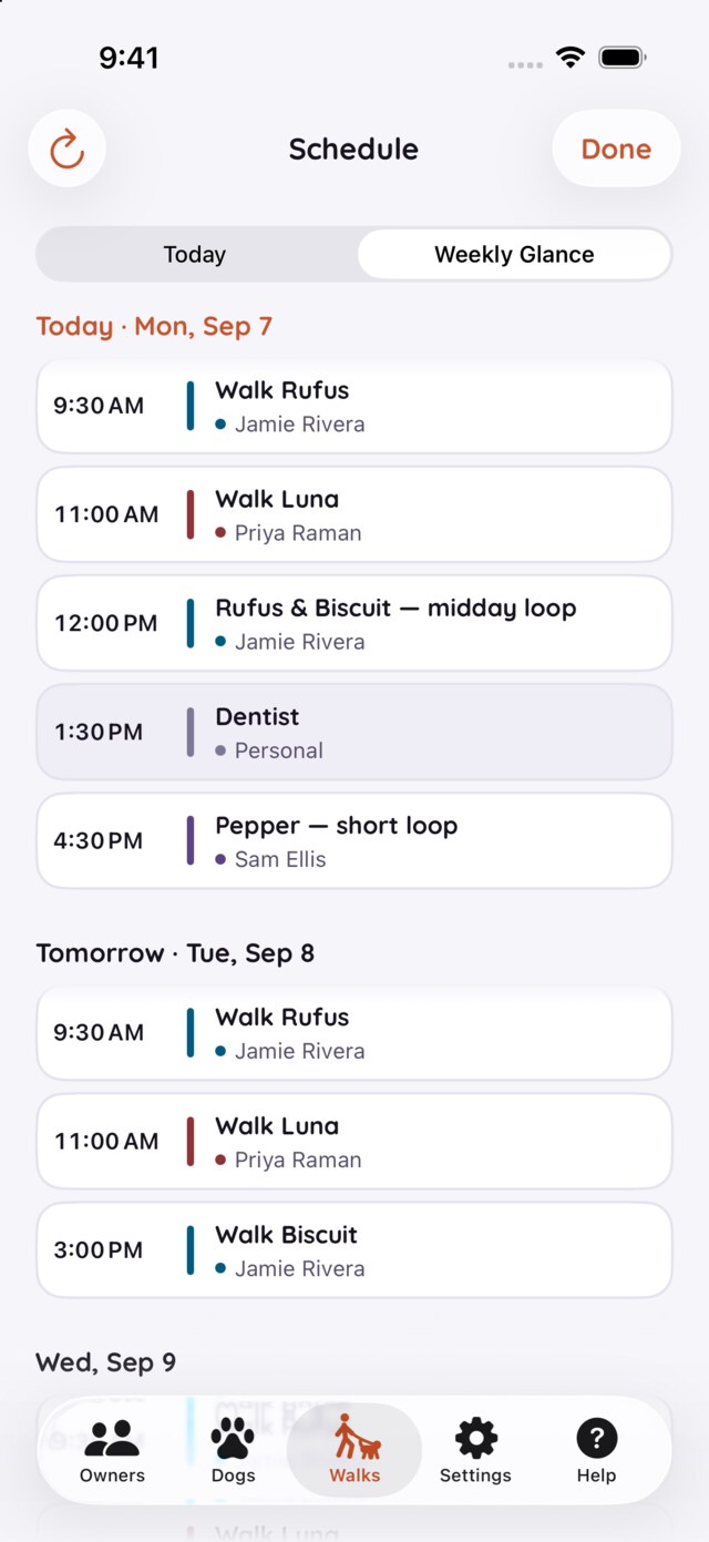 The Weekly Glance: tinted walk bookings for each household, and the walker's own Dentist appointment in gray marked Personal.