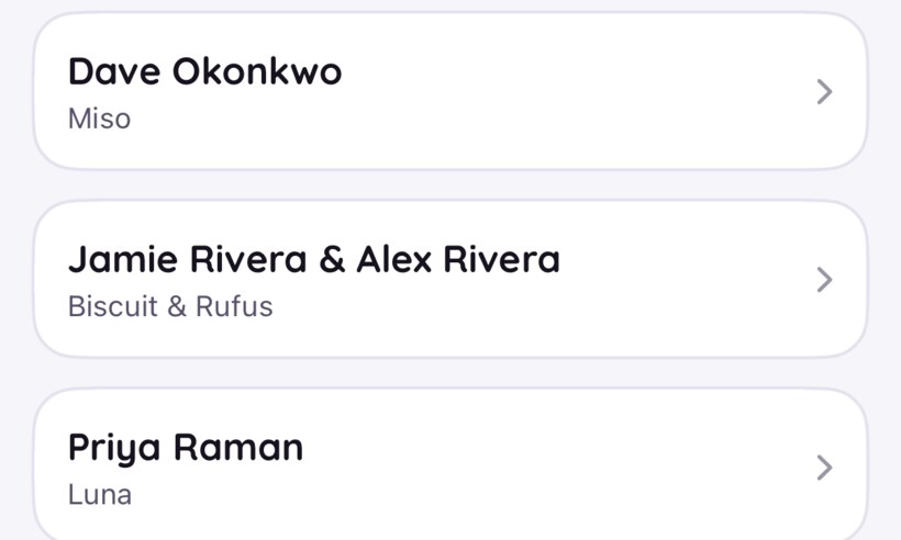 The owners list, where Jamie Rivera & Alex Rivera share one card for Biscuit & Rufus.