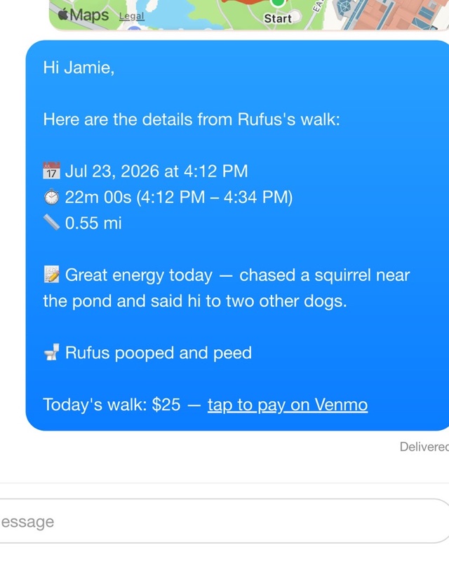 A text-message recap of Rufus's walk: date, duration, distance, the walker's note, a bathroom report, and a tap-to-pay link.