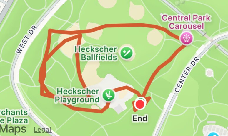 A finished walk's route drawn in orange over the park, from start to the End pin.